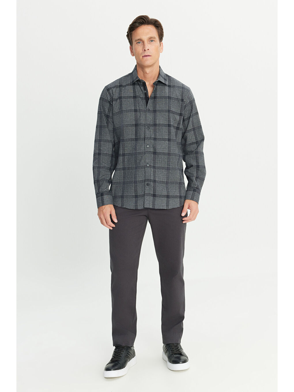 Erkek Antrasit Pamuklu Flanel Comfort Fit Rahat Kesim Klasik Yaka Ekose Desenli Gömlek-1