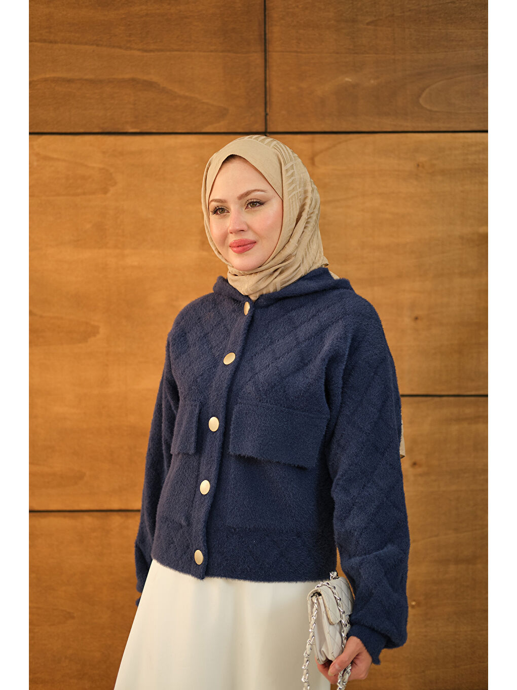 Kadın Kendinden Desenli Kapüşonlu Hırka Lacivert-4