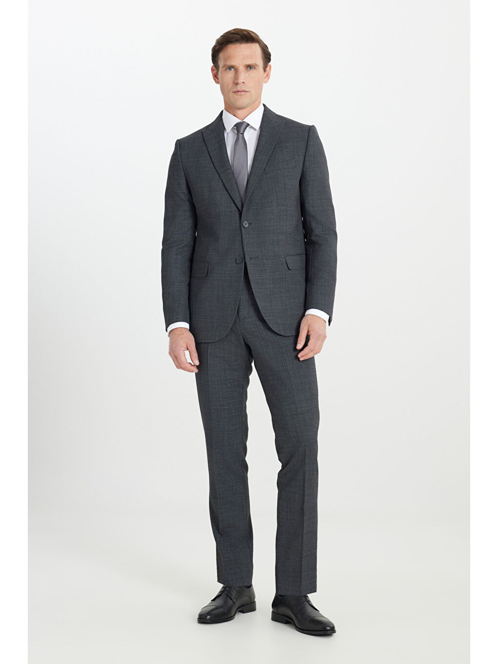 Erkek Antrasit Yünlü Cordura Kumaş Slim Fit Kırlangıç Yaka Desenli Kapak Cepli Takım Elbise-3