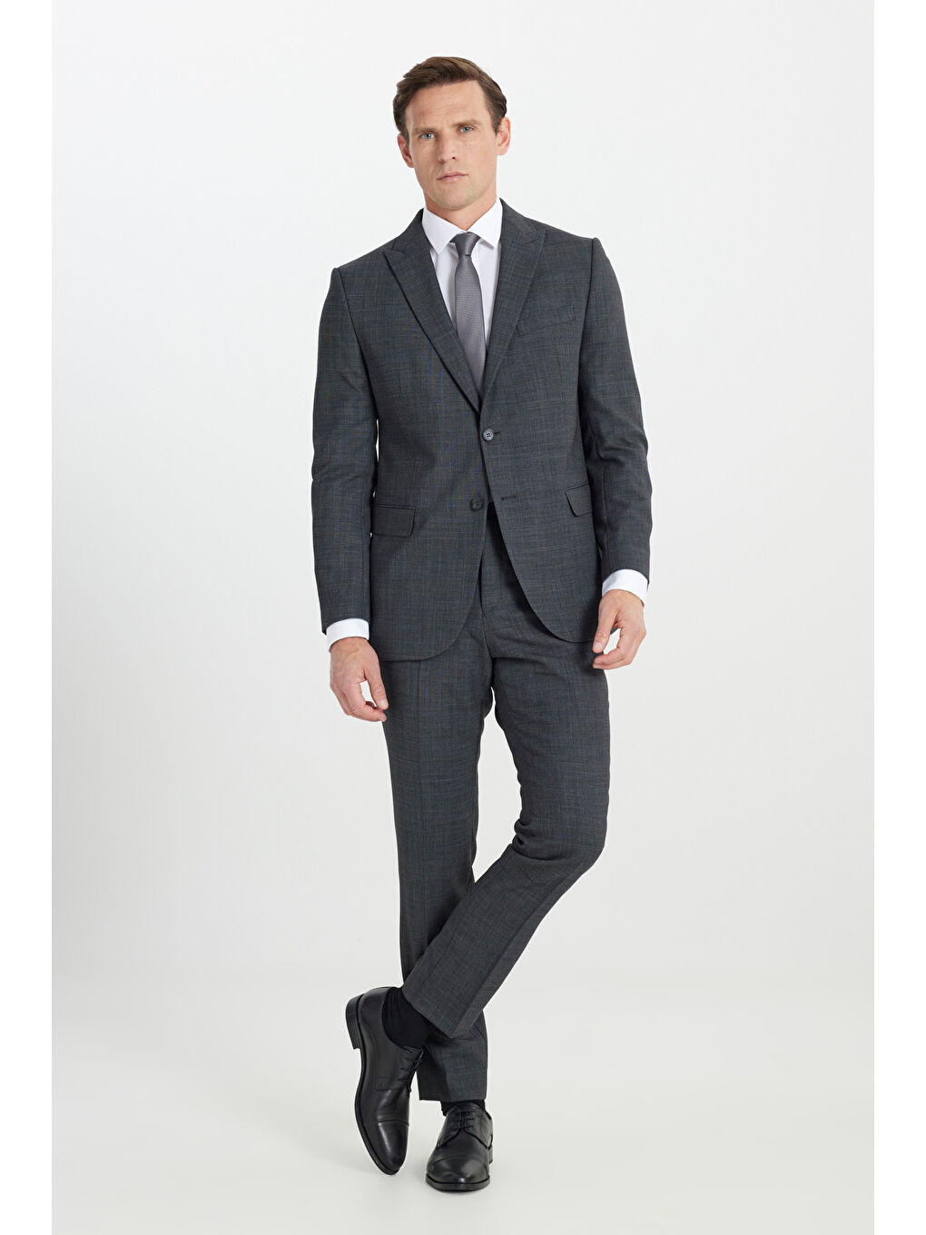 Erkek Antrasit Yünlü Cordura Kumaş Slim Fit Kırlangıç Yaka Desenli Kapak Cepli Takım Elbise-4