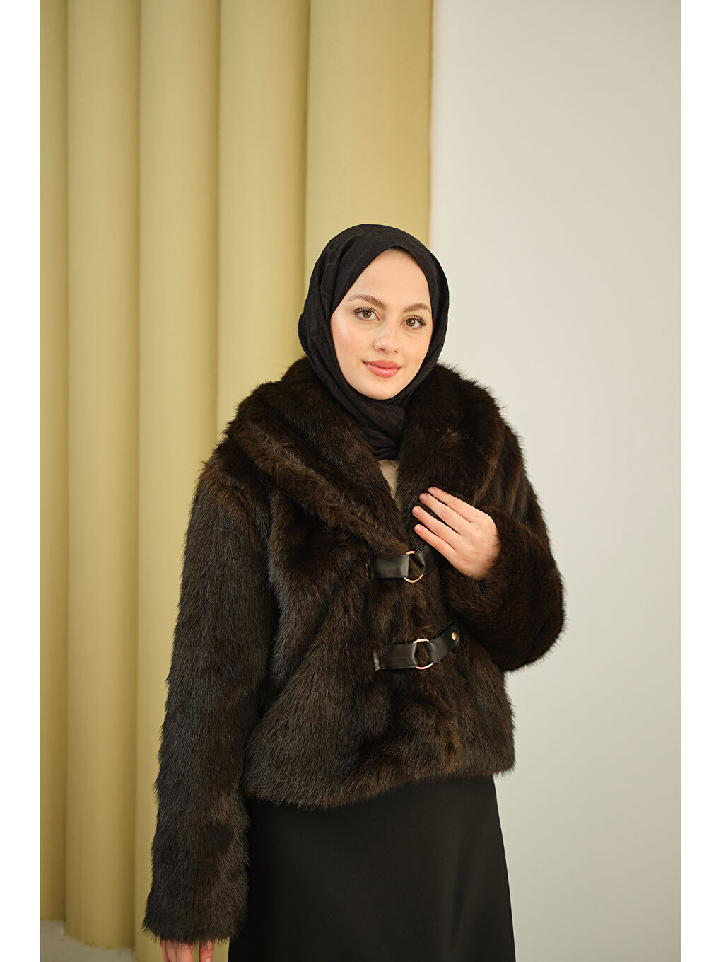 Kadın Deri Kemerli Kürk Kahverengi-1