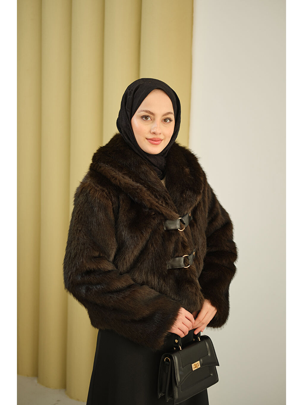 Kadın Deri Kemerli Kürk Kahverengi-2