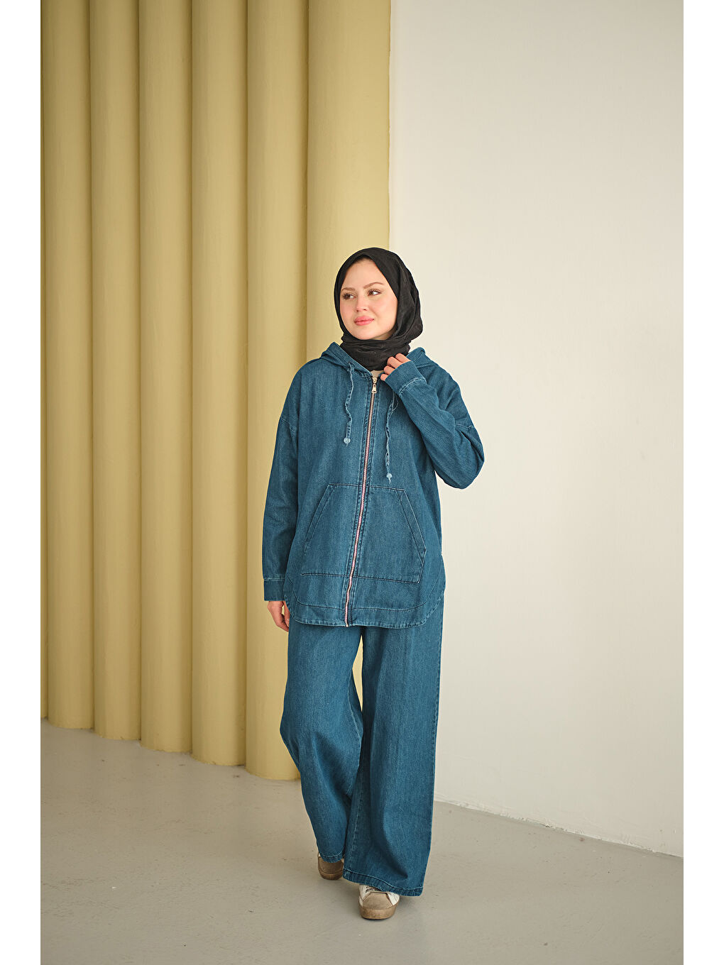 Kadın Kapüşonlu Jean Takım Mavi-1