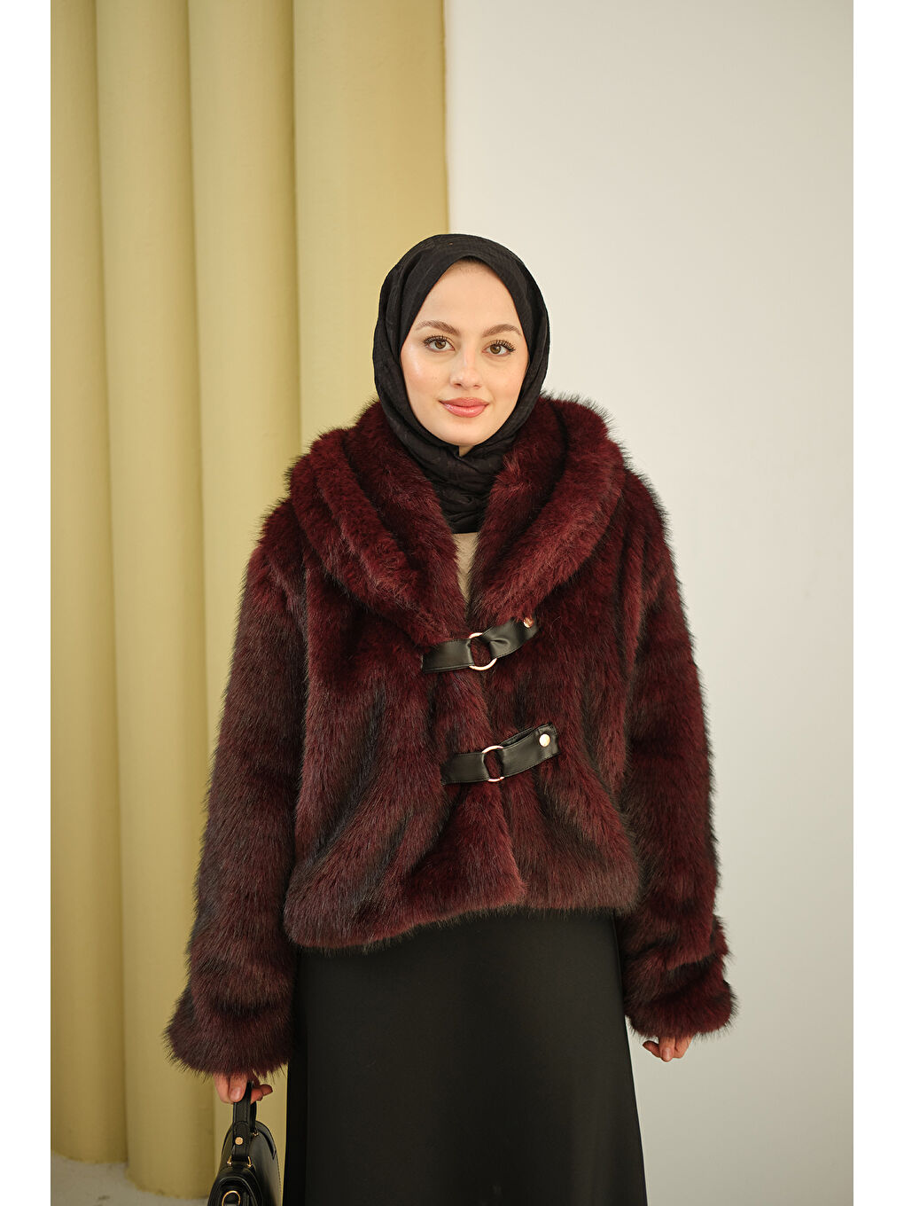 Kadın Deri Kemerli Kürk Bordo