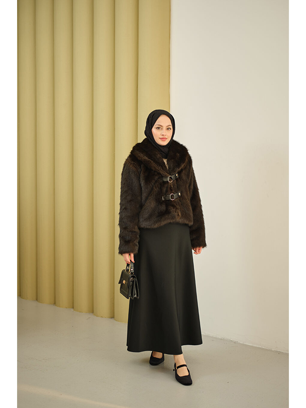 Kadın Deri Kemerli Kürk Kahverengi-3