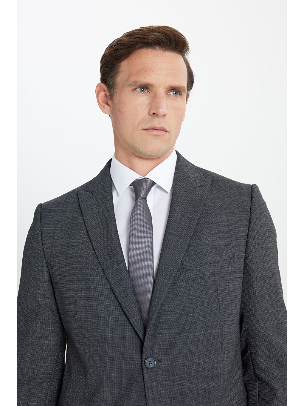 Erkek Antrasit Yünlü Cordura Kumaş Slim Fit Kırlangıç Yaka Desenli Kapak Cepli Takım Elbise-6