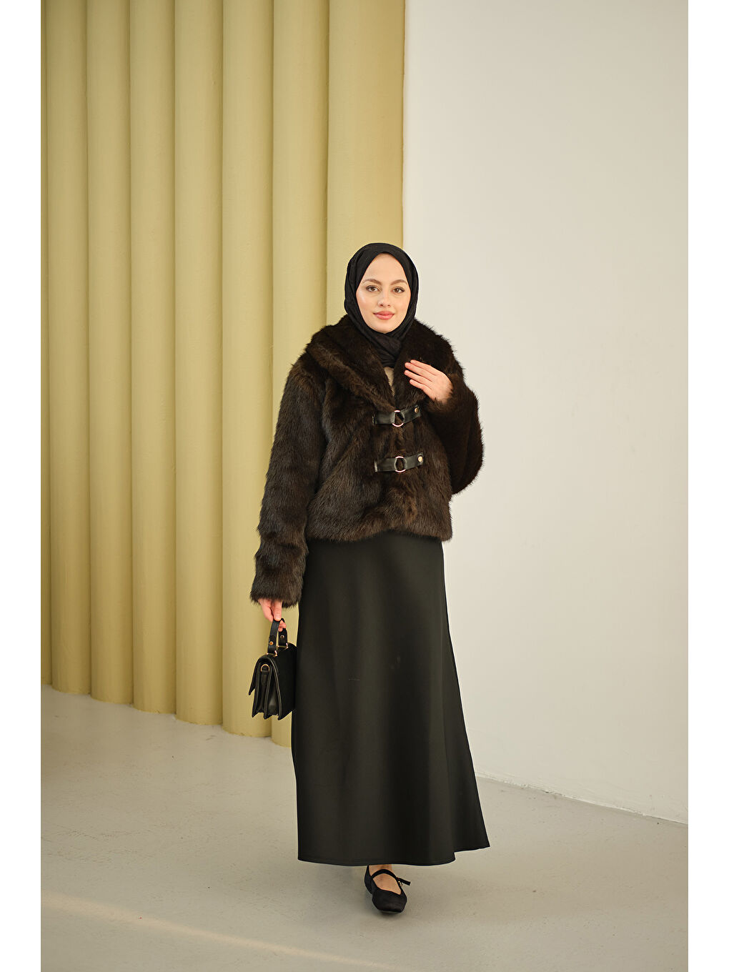 Kadın Deri Kemerli Kürk Kahverengi-4