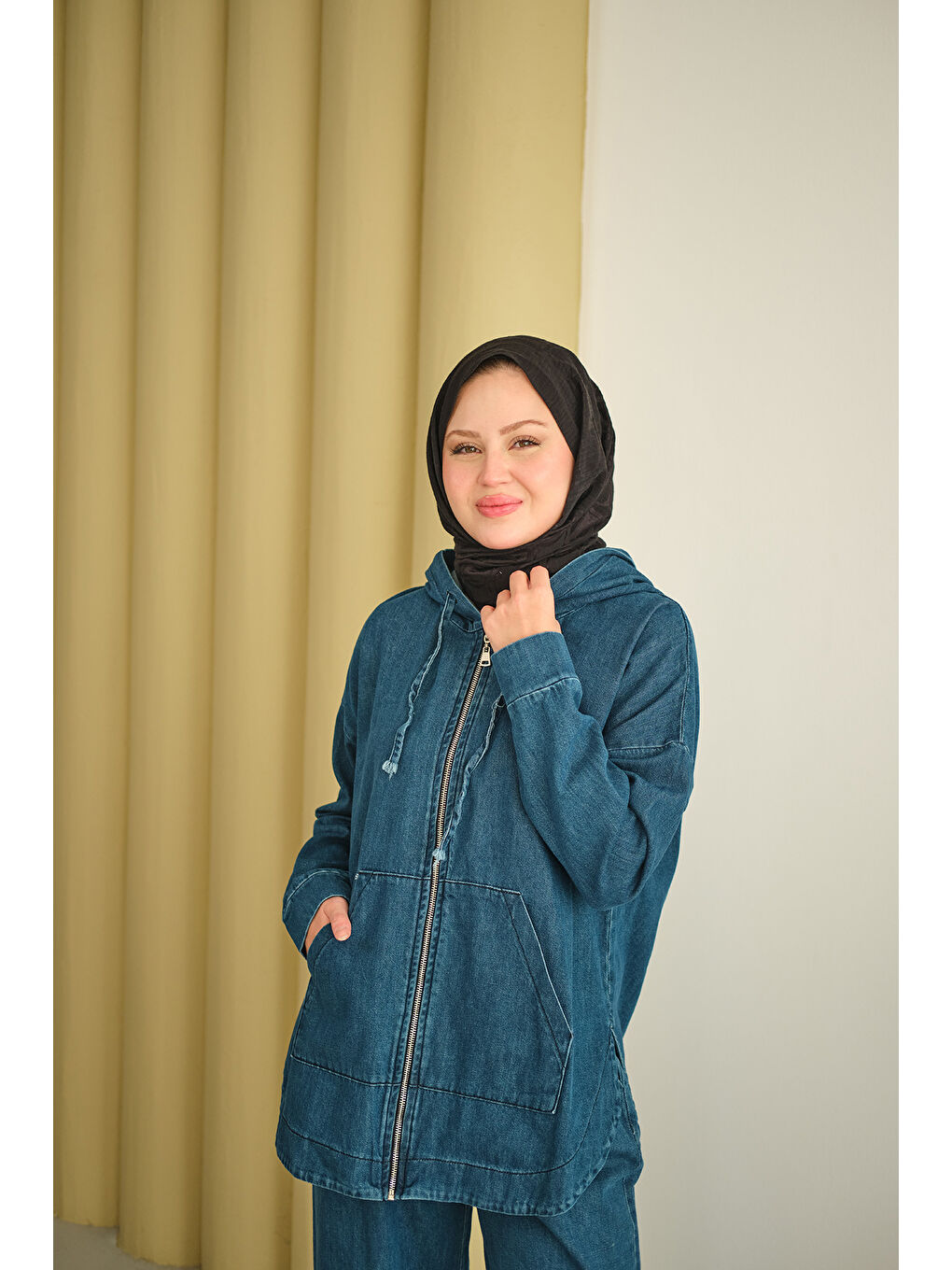 Kadın Kapüşonlu Jean Takım Mavi-2