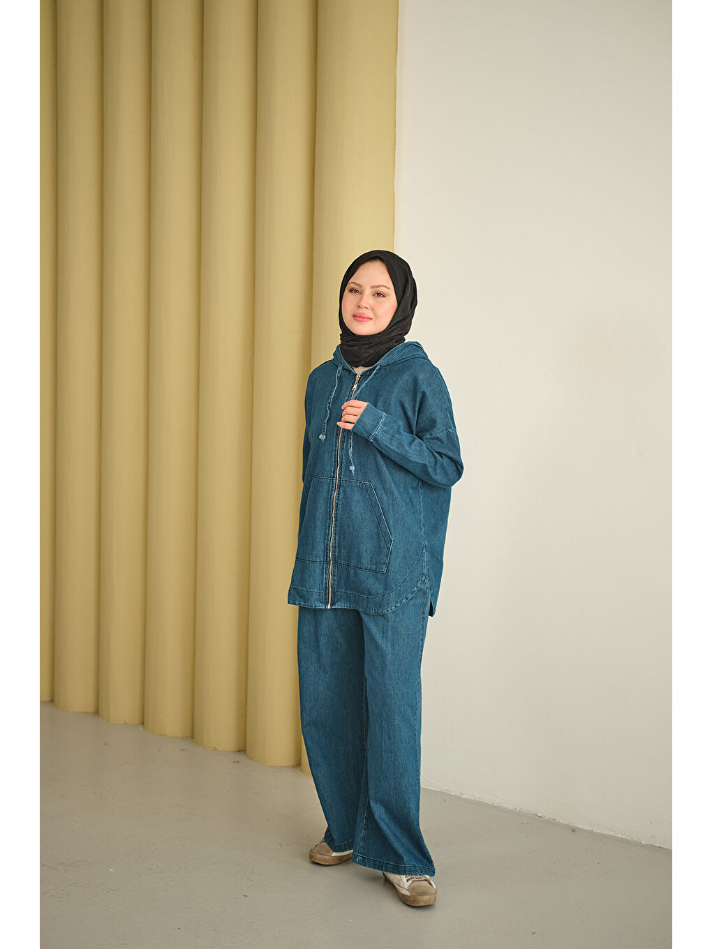 Kadın Kapüşonlu Jean Takım Mavi-3
