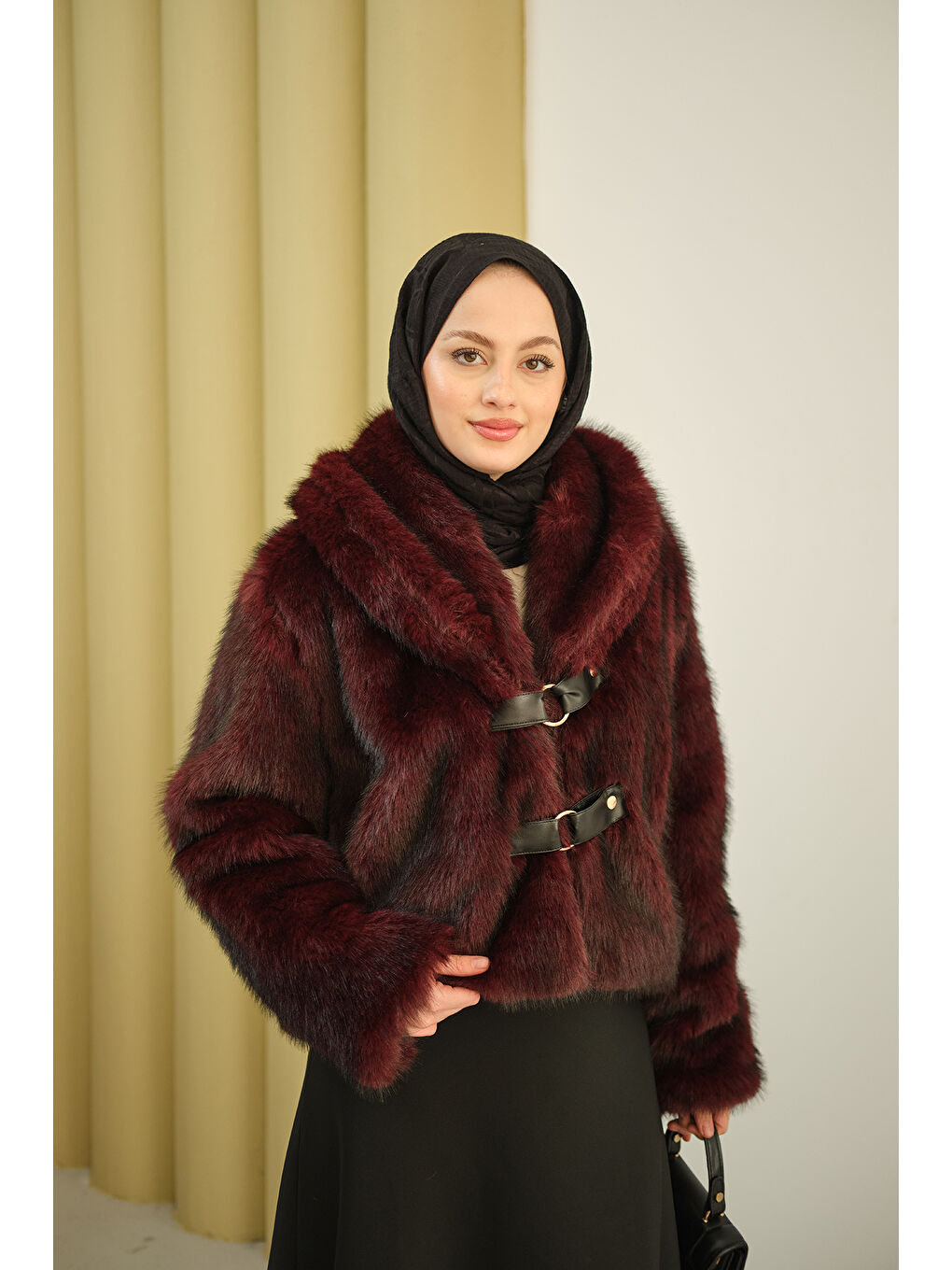 Kadın Deri Kemerli Kürk Bordo-1