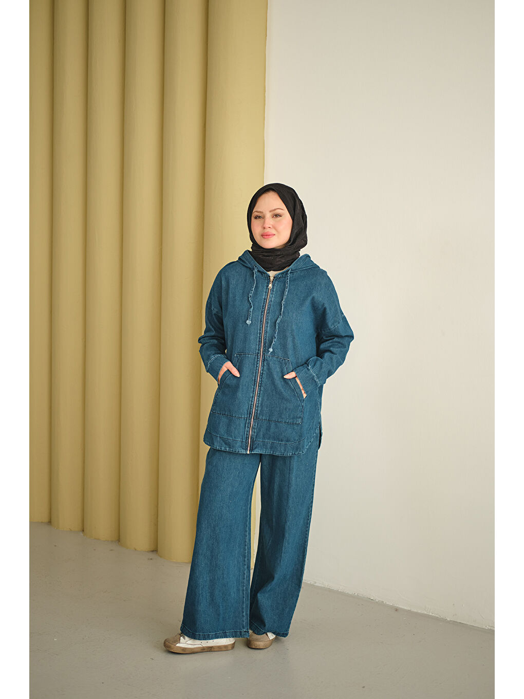 Kadın Kapüşonlu Jean Takım Mavi-4