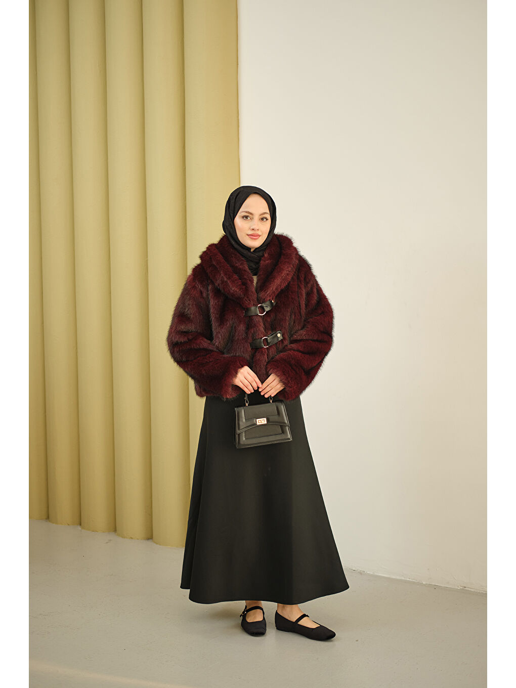 Kadın Deri Kemerli Kürk Bordo-2