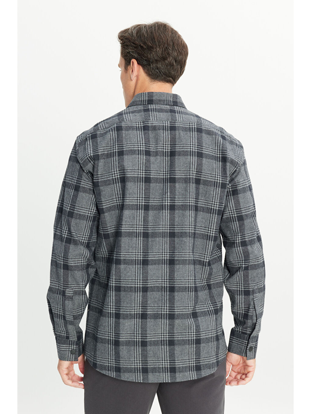 Erkek Antrasit Pamuklu Flanel Comfort Fit Rahat Kesim Klasik Yaka Ekose Desenli Gömlek-4