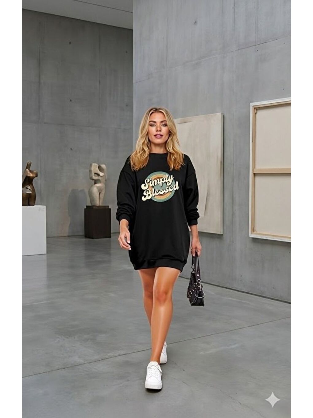 Siyah Kadın Uzun Kollu Bisiklet Yaka Yazılı Viskon Iki Iplik Elbise-1