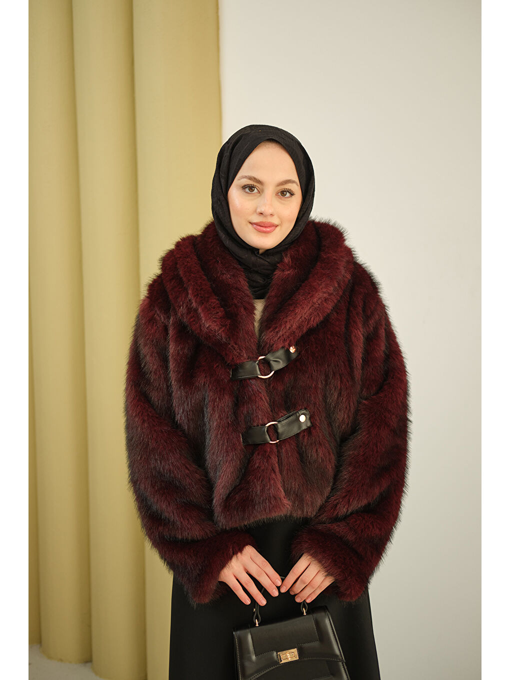 Kadın Deri Kemerli Kürk Bordo-3