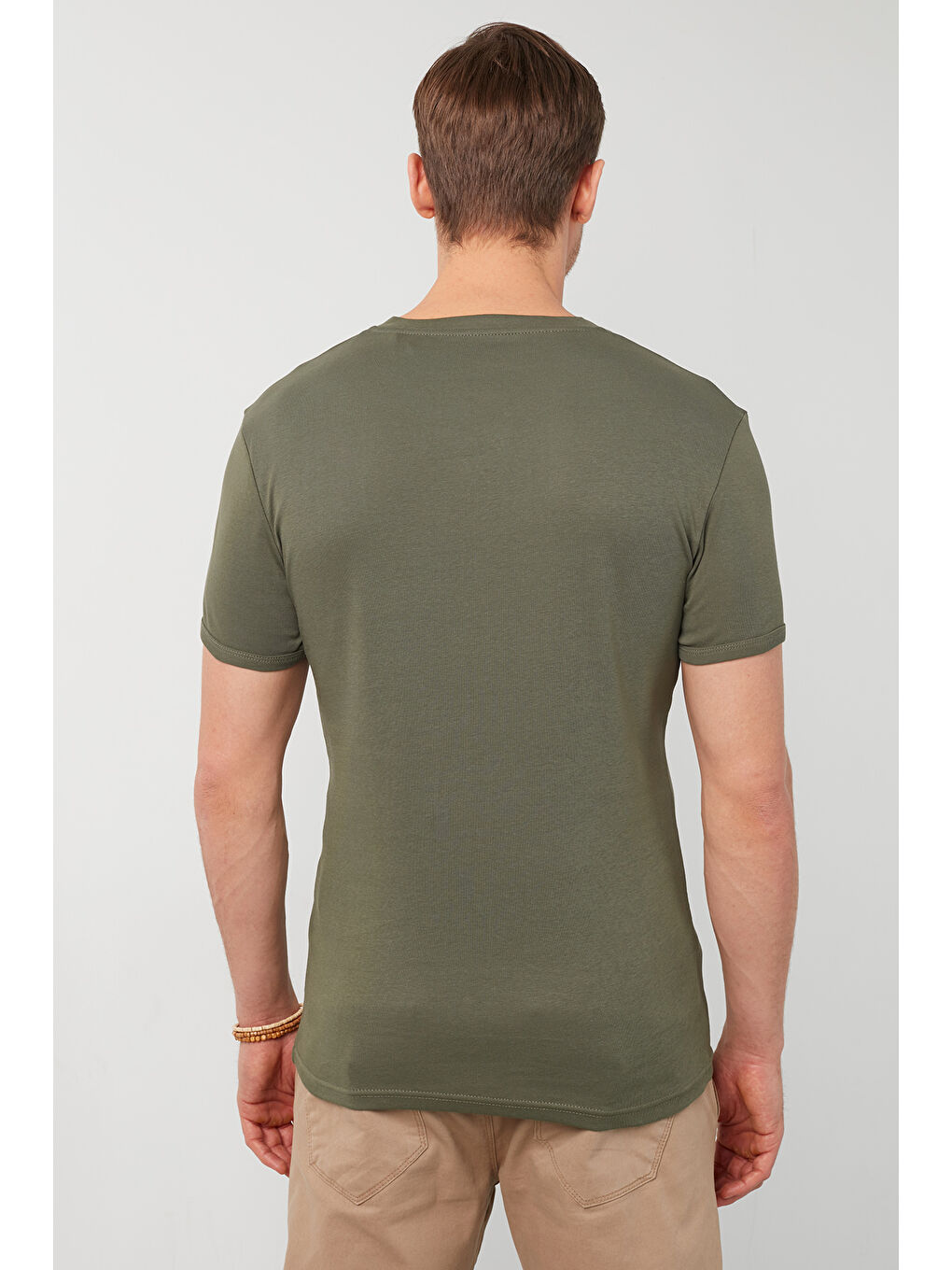 Haki Pamuklu Düğme Detaylı Slim Fit V Yaka 3'lü Paket %100 Pamuk Tişört 5902122S3-5