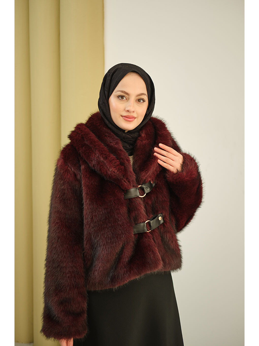 Kadın Deri Kemerli Kürk Bordo-4