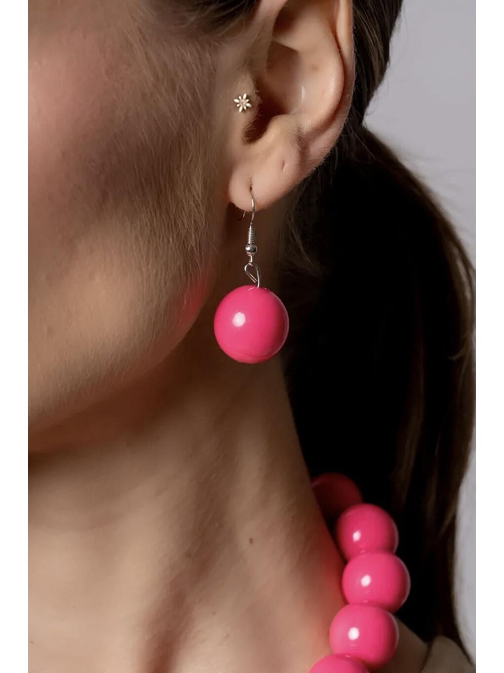 Fuşya 20mm Büyük Boncuklu Küpe-1