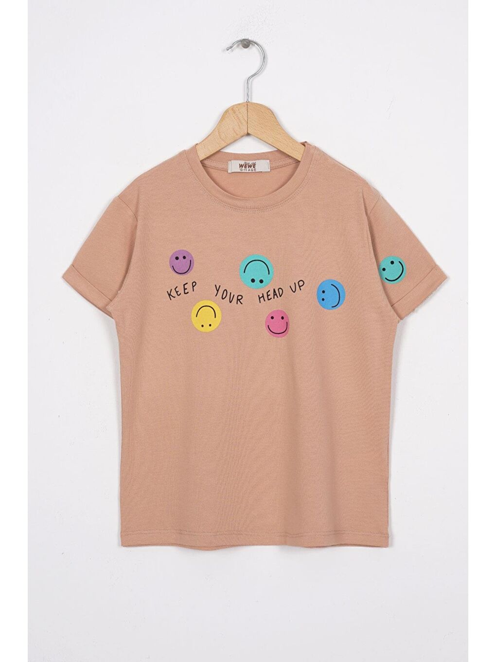 Smile Baskılı Bej Renk Kız Çocuk Tshirt