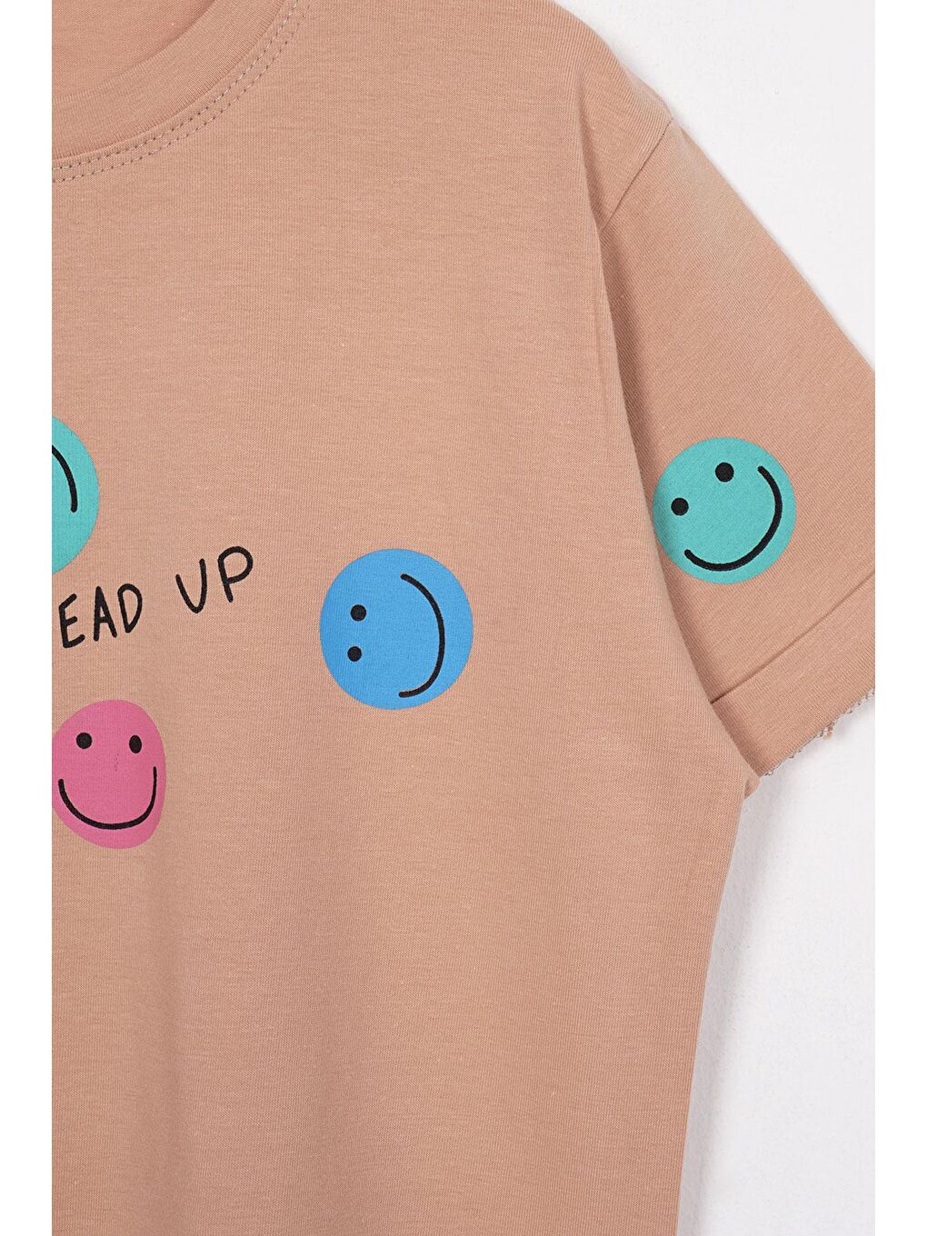 Smile Baskılı Bej Renk Kız Çocuk Tshirt-1
