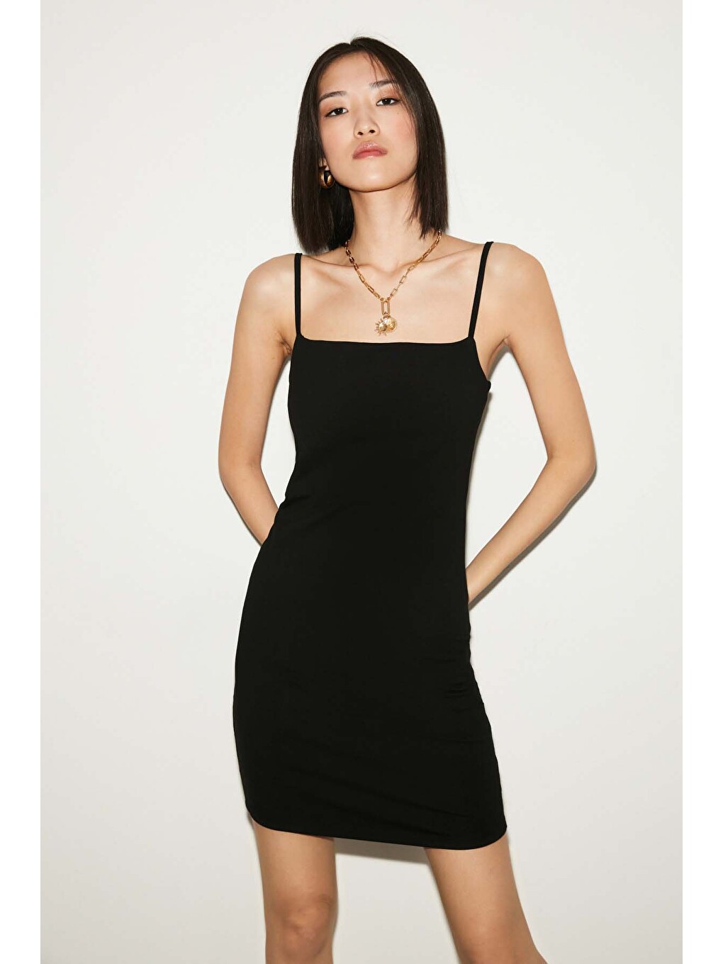 Rose Kadın Askılı Slim Fit Mini Siyah Elbise-1