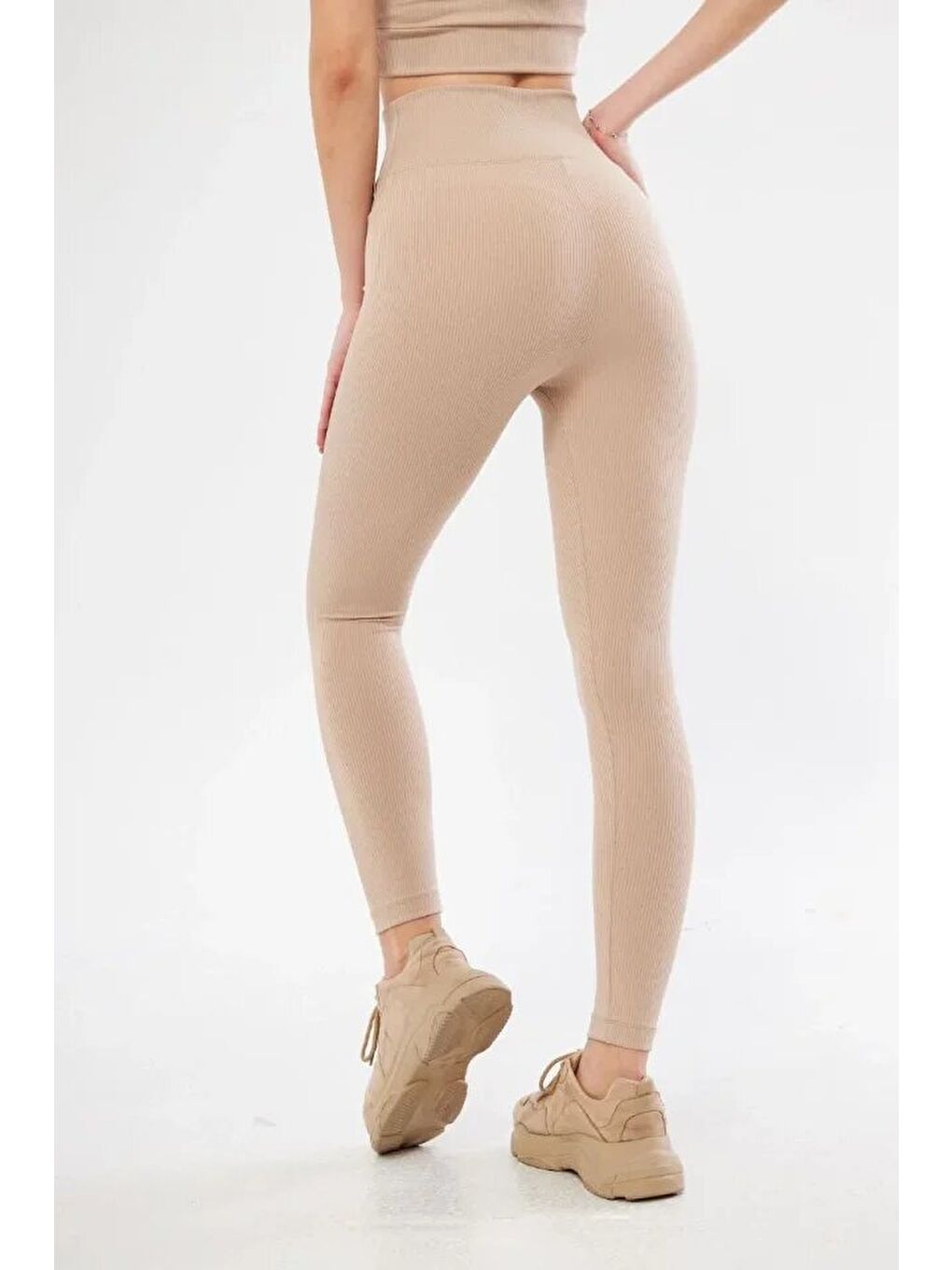 Fitilli Full Elastanlı Yüksek Bel Toparlayıcı Tayt Günlük Ve Spor Kullanım - Bej-3
