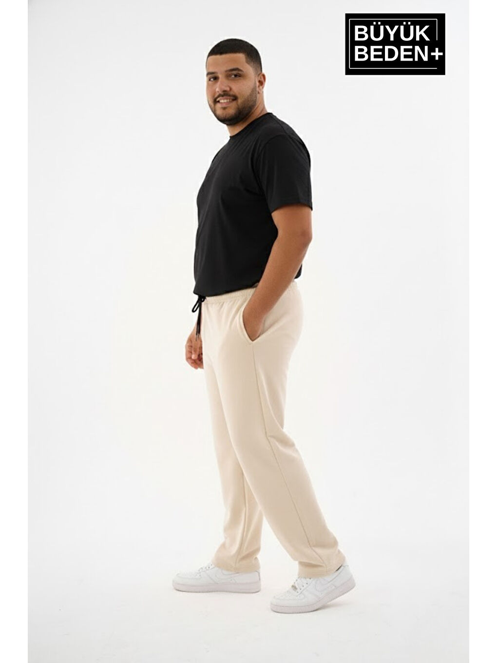 Bej Erkek Büyük Beden Rahat Kalıp, Lastikli Bel, Paça Reçmeli Eşofman Altı SPR26BEA952-2