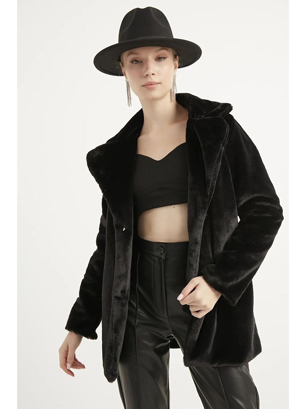 Kadın Siyah Pelüş Mont Kaban-1