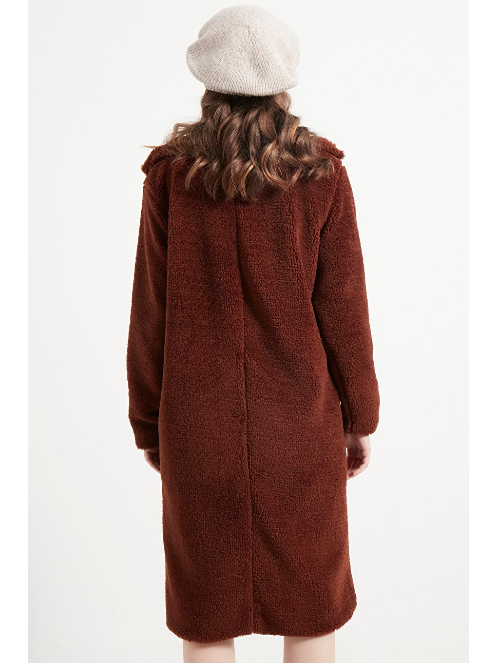 Kahverengi Kadın Uzun Pelüş Kaban-4
