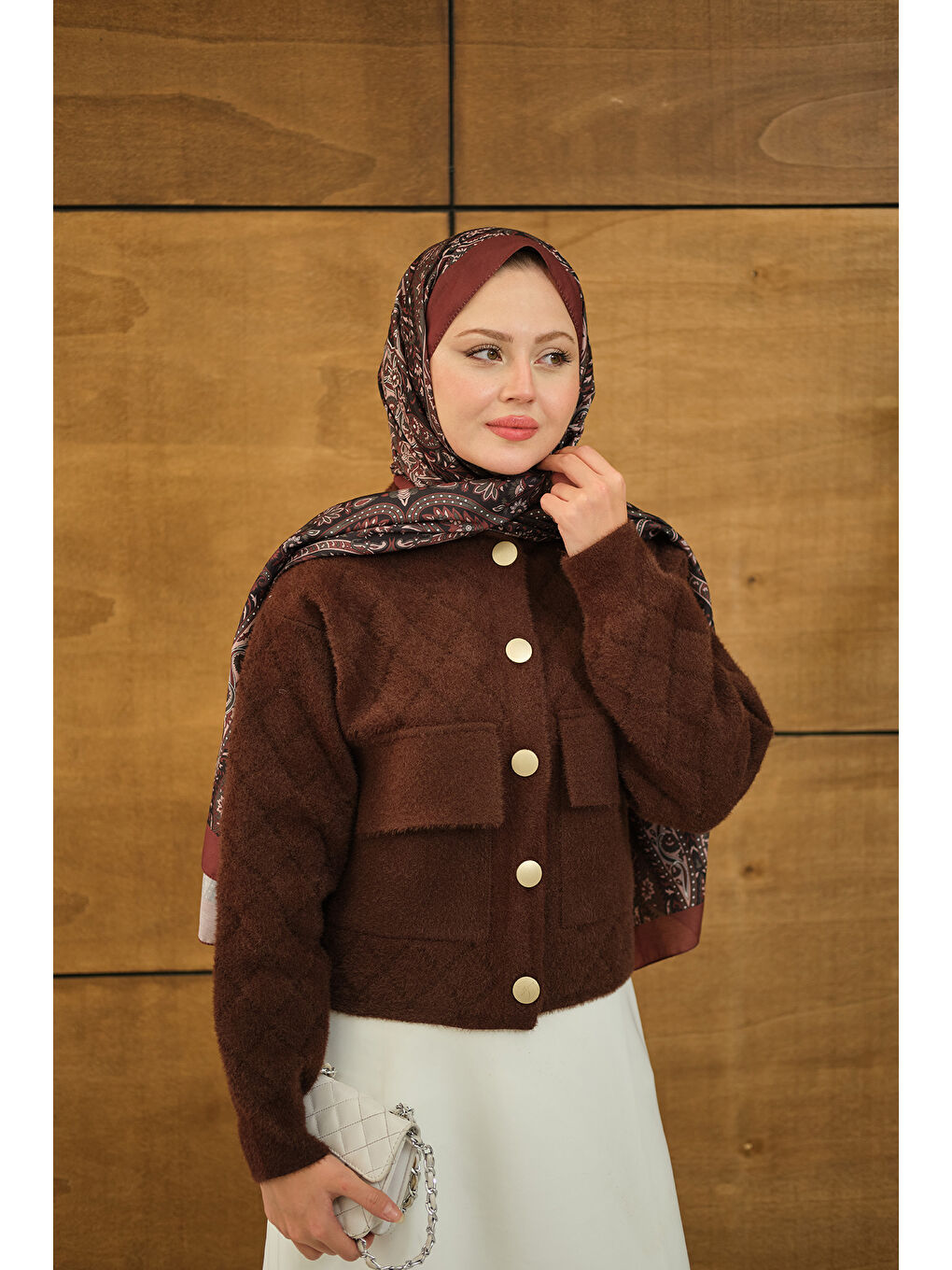 Ekru Kadın Kendinden Desenli Kapüşonlu Hırka Kahverengi-2