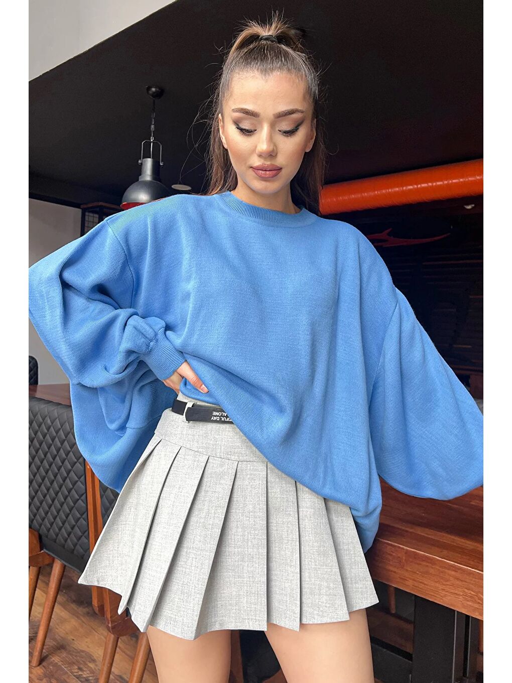 İndigo Kadın Oversize Balon Kol Triko Kazak-1