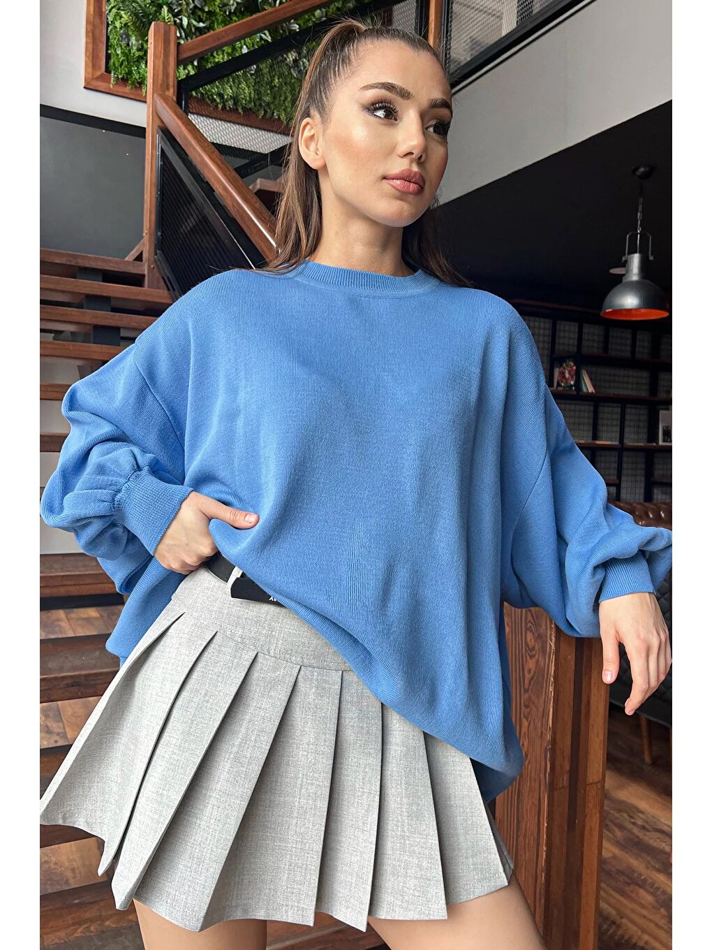 İndigo Kadın Oversize Balon Kol Triko Kazak-2