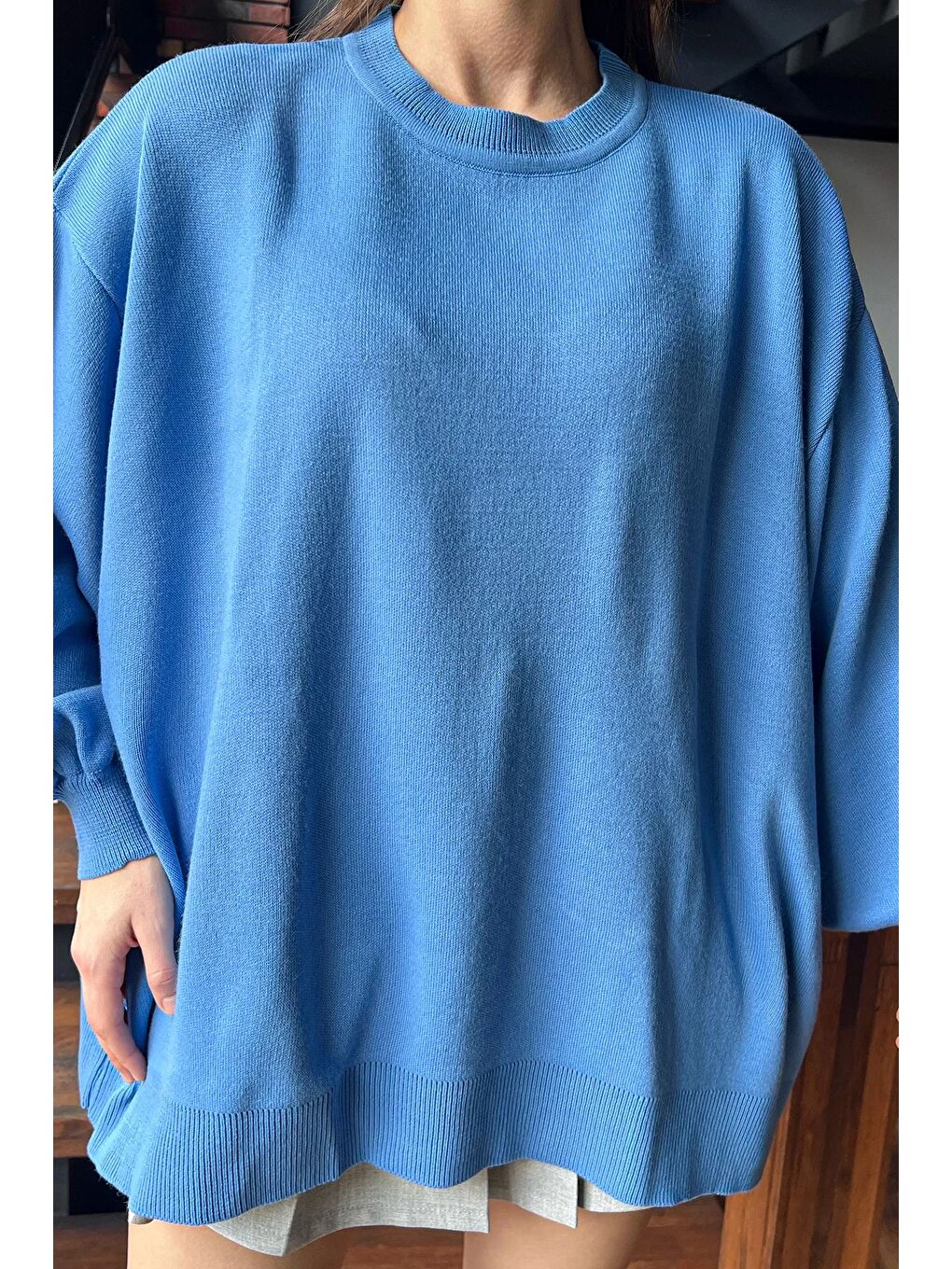 İndigo Kadın Oversize Balon Kol Triko Kazak-3