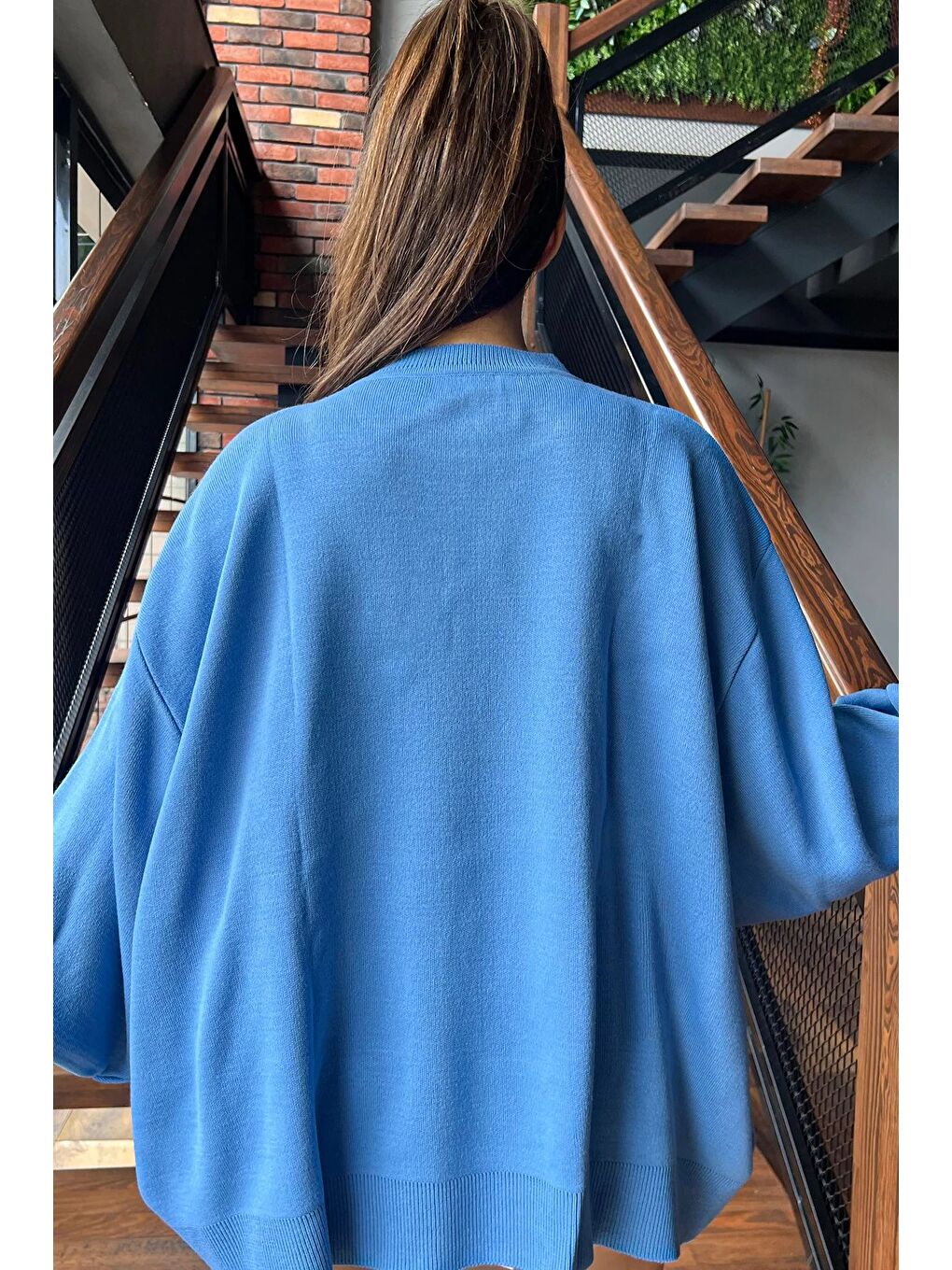 İndigo Kadın Oversize Balon Kol Triko Kazak-4