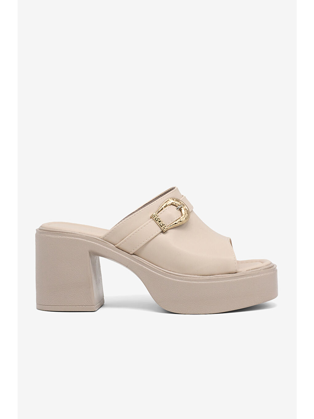 Kadın Bej Yüksek Tabanlı Rahat Tokalı Terlik-4