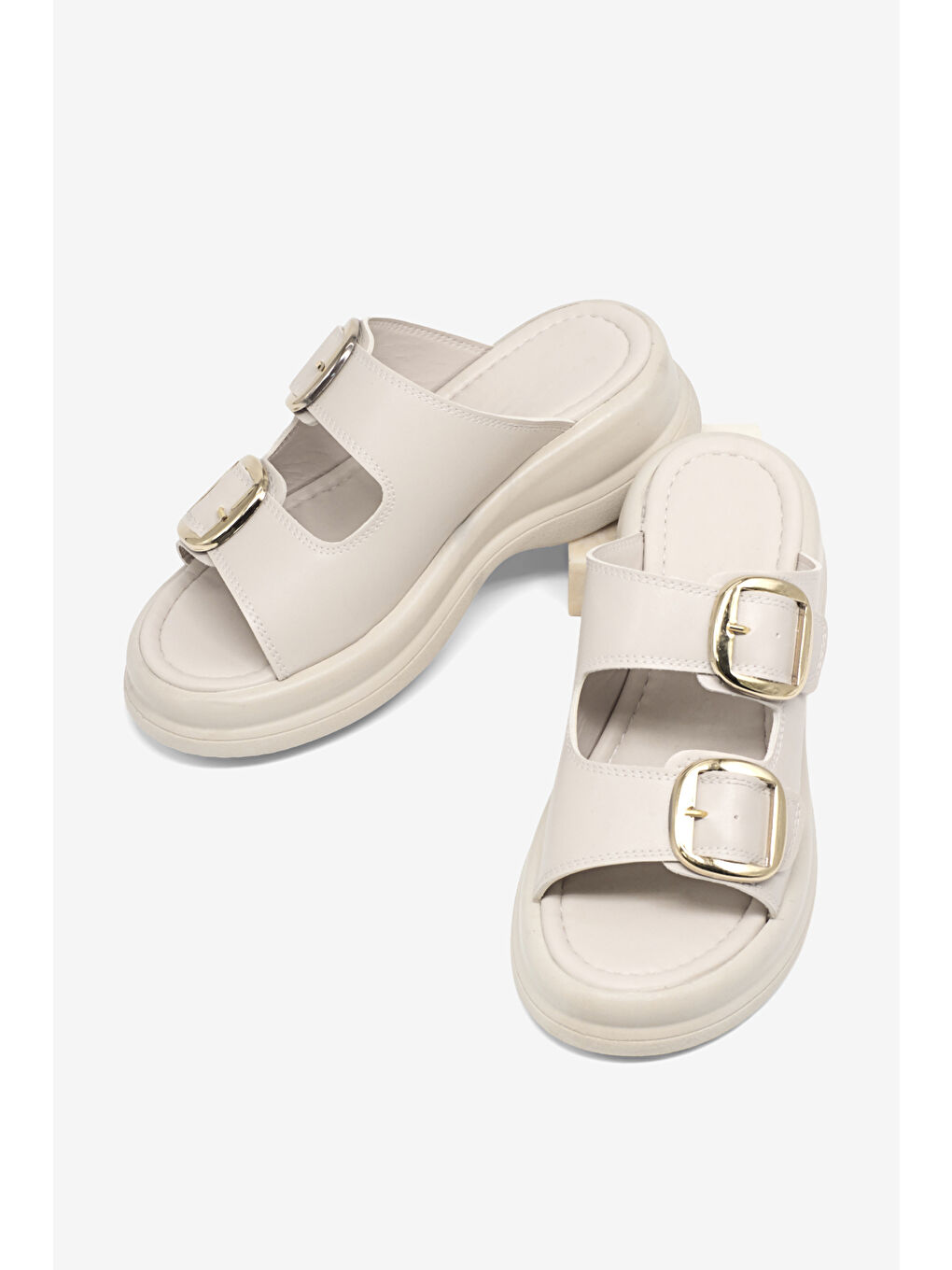 Kadın Bej Yüksek Tabanlı Rahat Çift Tokalı Terlik-1