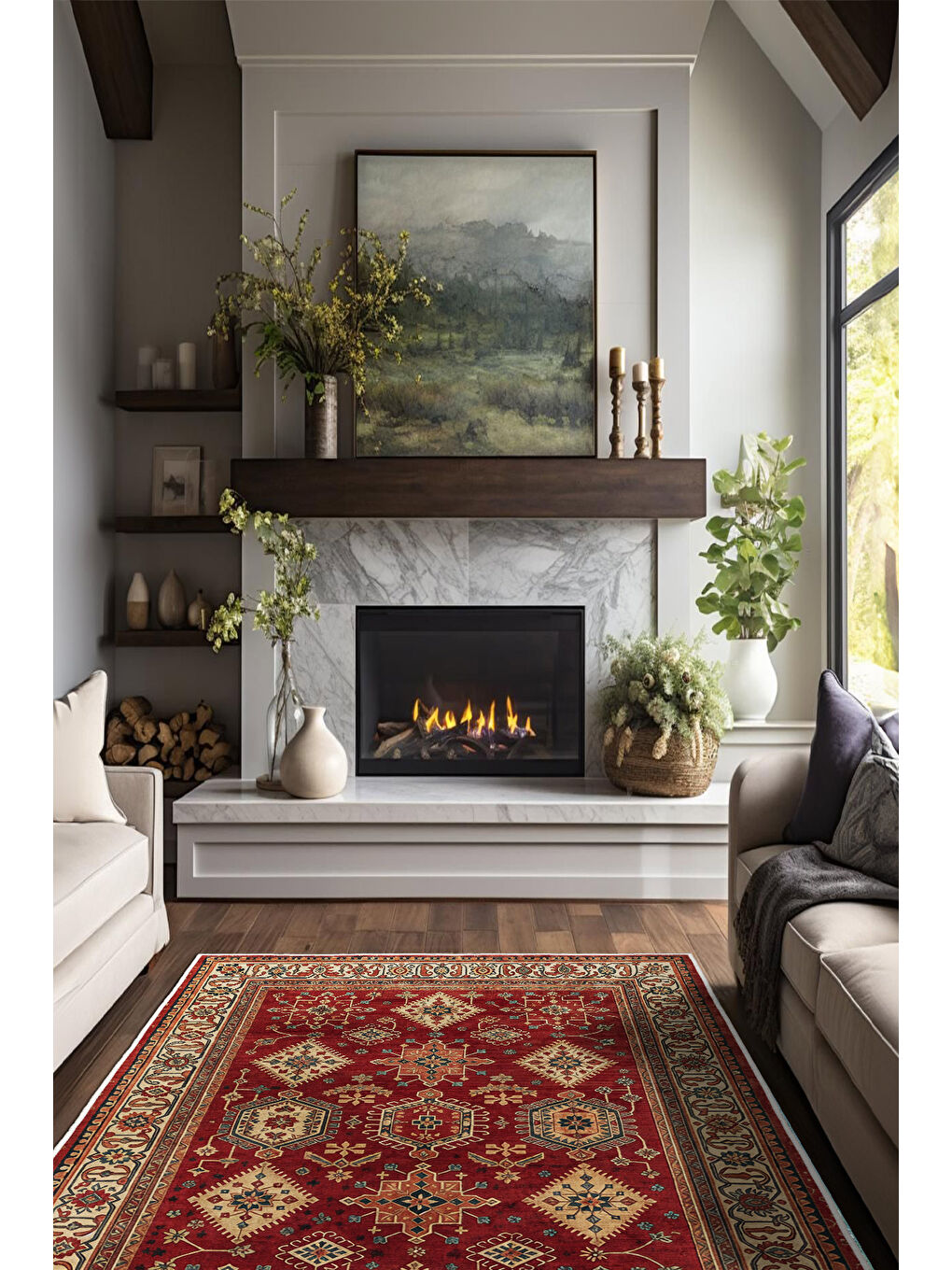 Kırmızı Dekoratif Özel Tasarım Yıkanabilir İnce Kaymaz Tabanlı Modern Halı KECE FR08-2