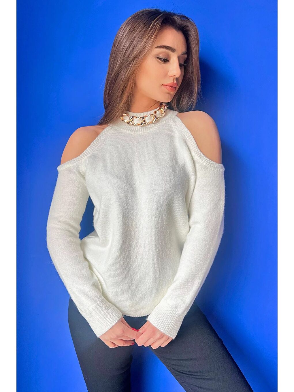 Ekru Kadın Ön Zincir Detaylı Omuz Dekolteli Triko Bluz (s-m-l Beden Uyumludur)-2