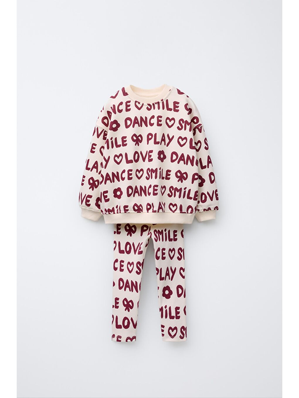 Karışık Kız Çocuk Pamuklu Ekru Bordo Yazı Baskılı Sweatshirt Ve Tayt Takım - Love Smile Dance