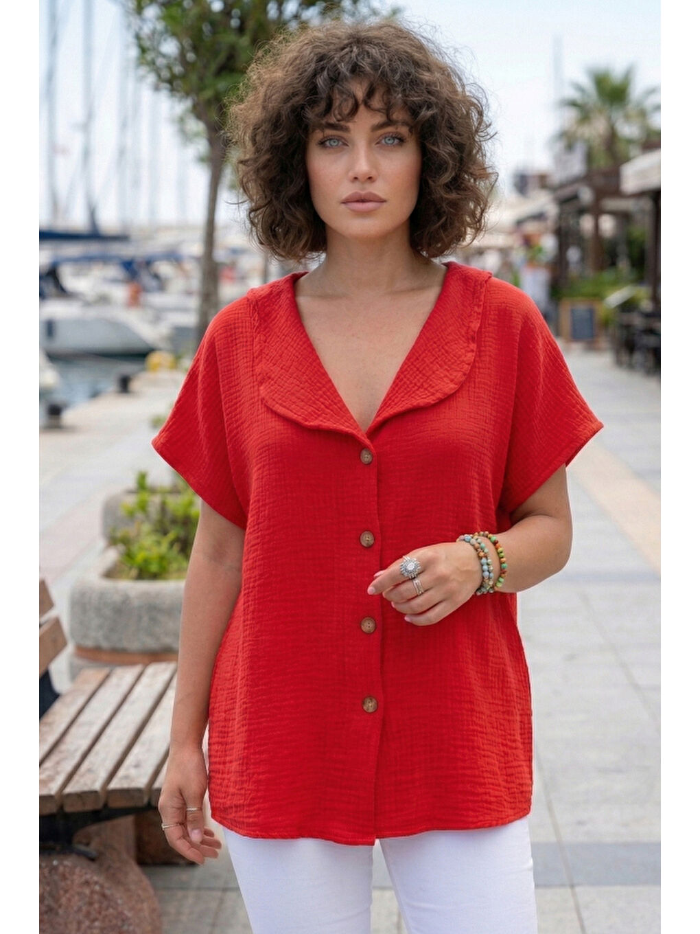 Kırmızı Bebe Yaka Düşük Kol Düğmeli Casual Müslin Oversize Dokuma Bluz 70 65-1