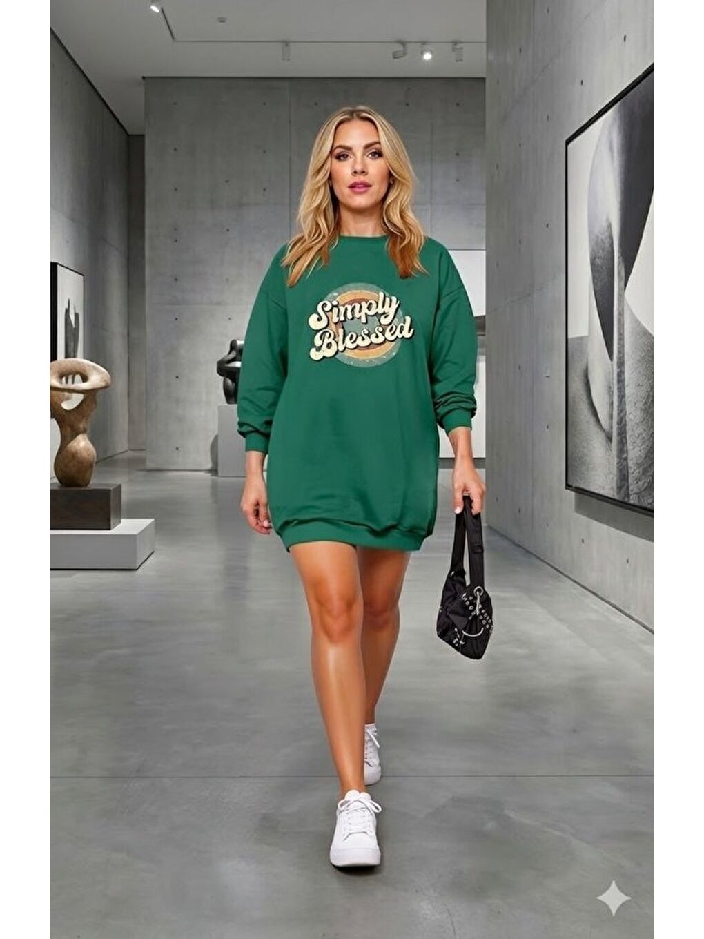 Yeşil Kadın Uzun Kollu Bisiklet Yaka Yazılı Viskon Iki Iplik Elbise-1