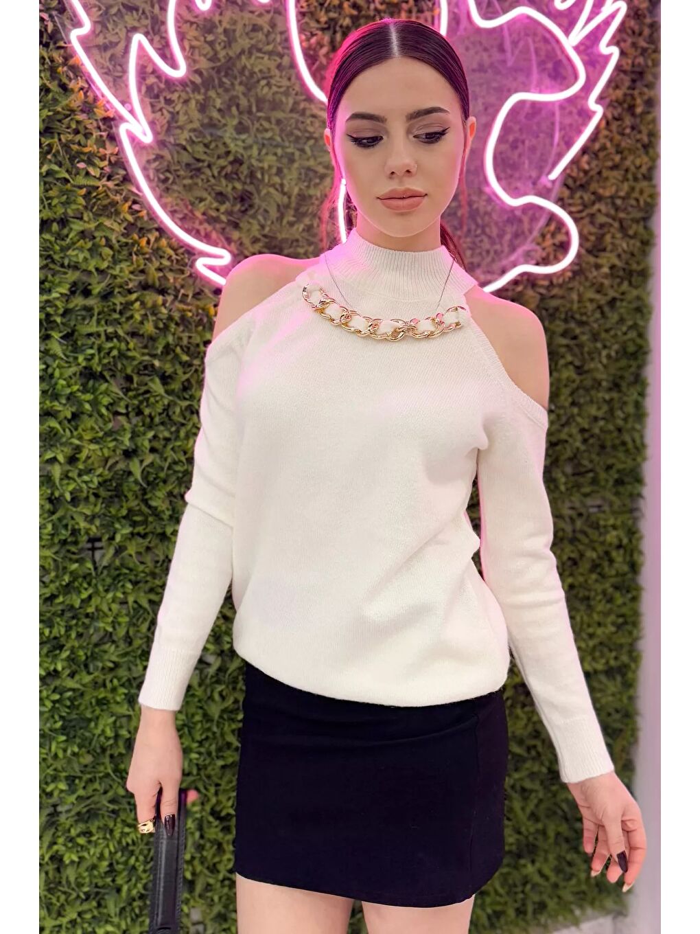 Ekru Kadın Ön Zincir Detaylı Omuz Dekolteli Triko Bluz (s-m-l Beden Uyumludur)-3