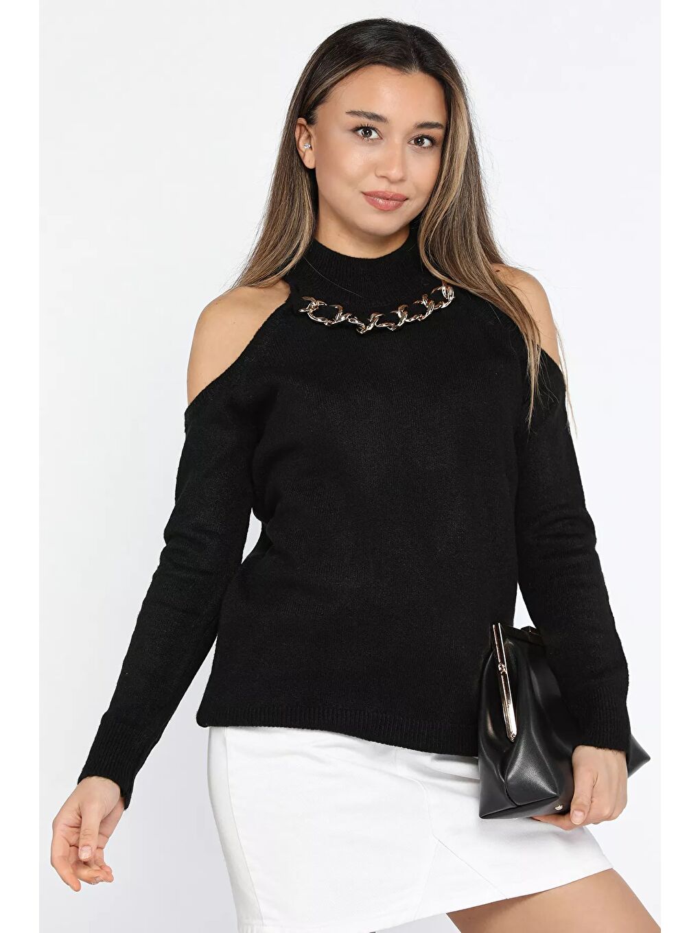 Siyah Kadın Ön Zincir Detaylı Omuz Dekolteli Triko Bluz (s-m-l Beden Uyumludur)-1