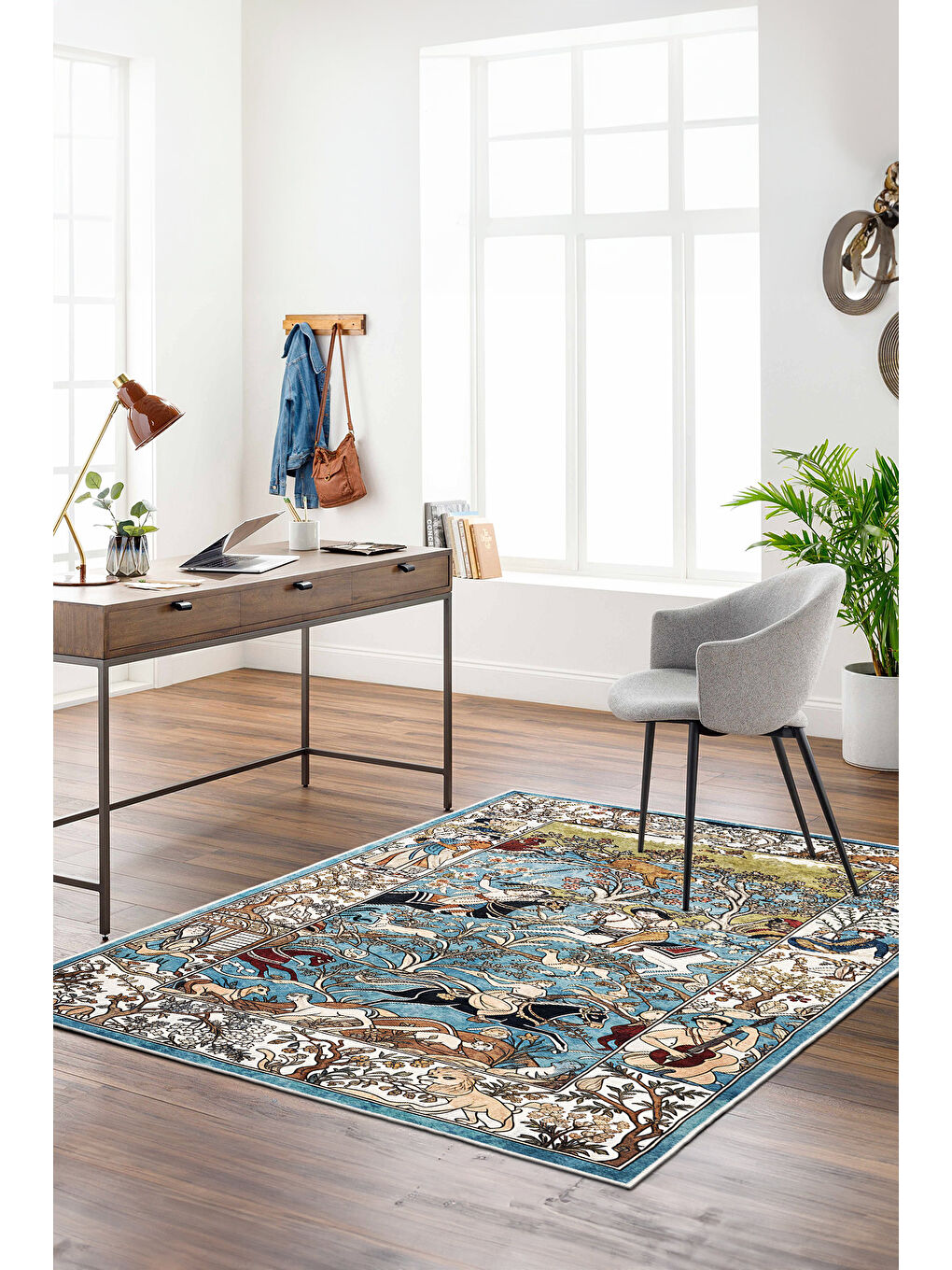 Mavi Dekoratif Özel Tasarım Yıkanabilir İnce Kaymaz Tabanlı Modern Halı KECE FR05-2