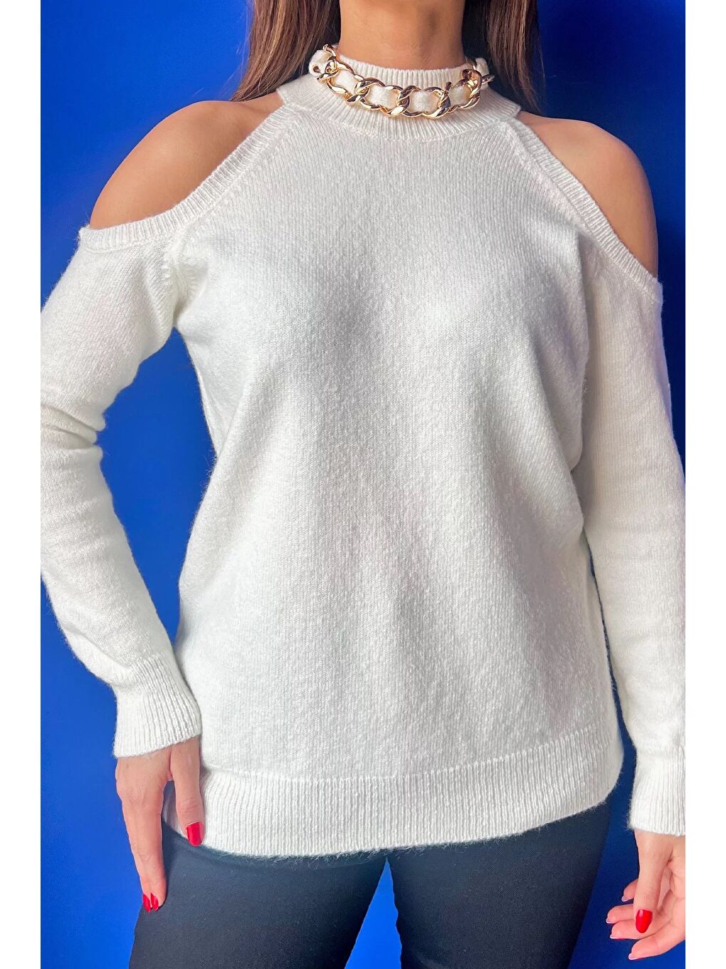 Ekru Kadın Ön Zincir Detaylı Omuz Dekolteli Triko Bluz (s-m-l Beden Uyumludur)-4