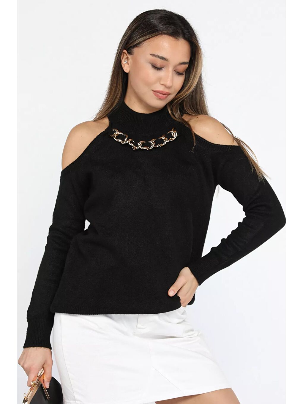 Siyah Kadın Ön Zincir Detaylı Omuz Dekolteli Triko Bluz (s-m-l Beden Uyumludur)-3