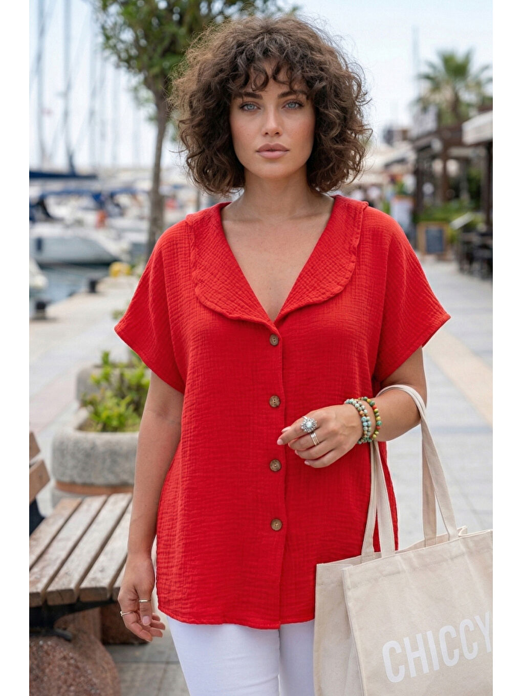 Kırmızı Bebe Yaka Düşük Kol Düğmeli Casual Müslin Oversize Dokuma Bluz 70 65-2