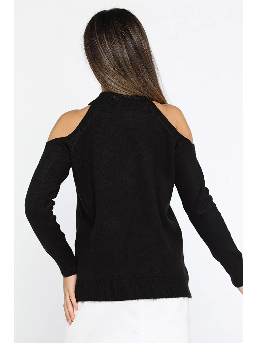 Siyah Kadın Ön Zincir Detaylı Omuz Dekolteli Triko Bluz (s-m-l Beden Uyumludur)-5