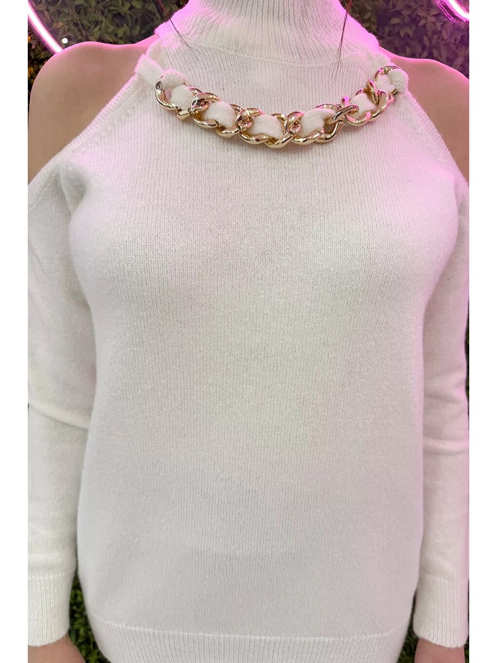 Ekru Kadın Ön Zincir Detaylı Omuz Dekolteli Triko Bluz (s-m-l Beden Uyumludur)-5