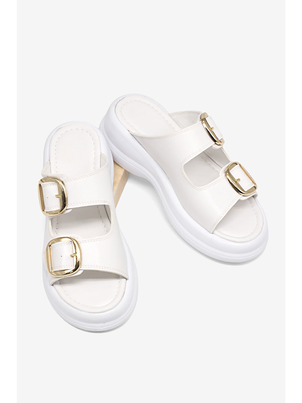 Kadın Beyaz Yüksek Tabanlı Rahat Çift Tokalı Terlik-3